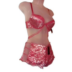 Mauvewood Youmita Metallic Lace Strappy Plunge 34B Bra & Medium Boyshorts